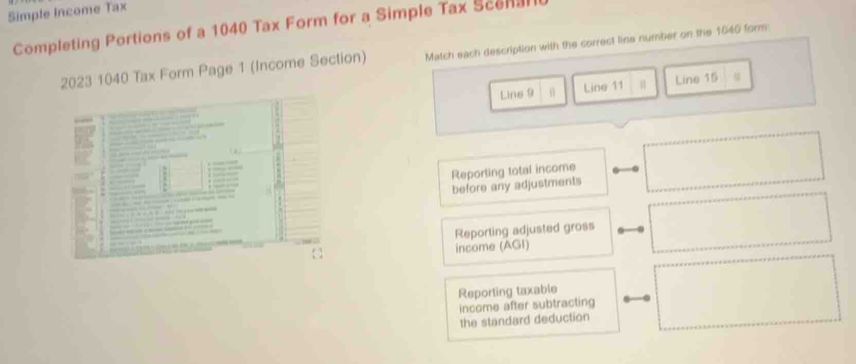 simple income tax completing portions of a 1040 tax form for a simple t…