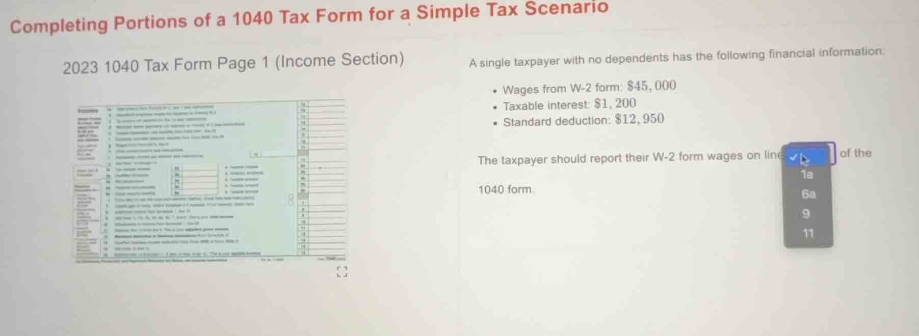 completing portions of a 1040 tax form for a simple tax scenario 2023 1…