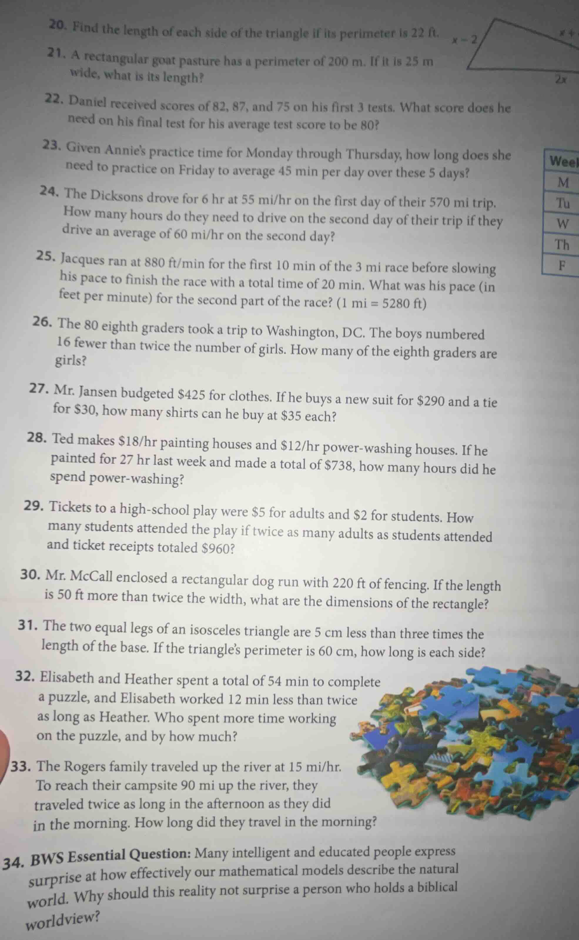 20. find the length of each side of the triangle if its perimeter is 22…