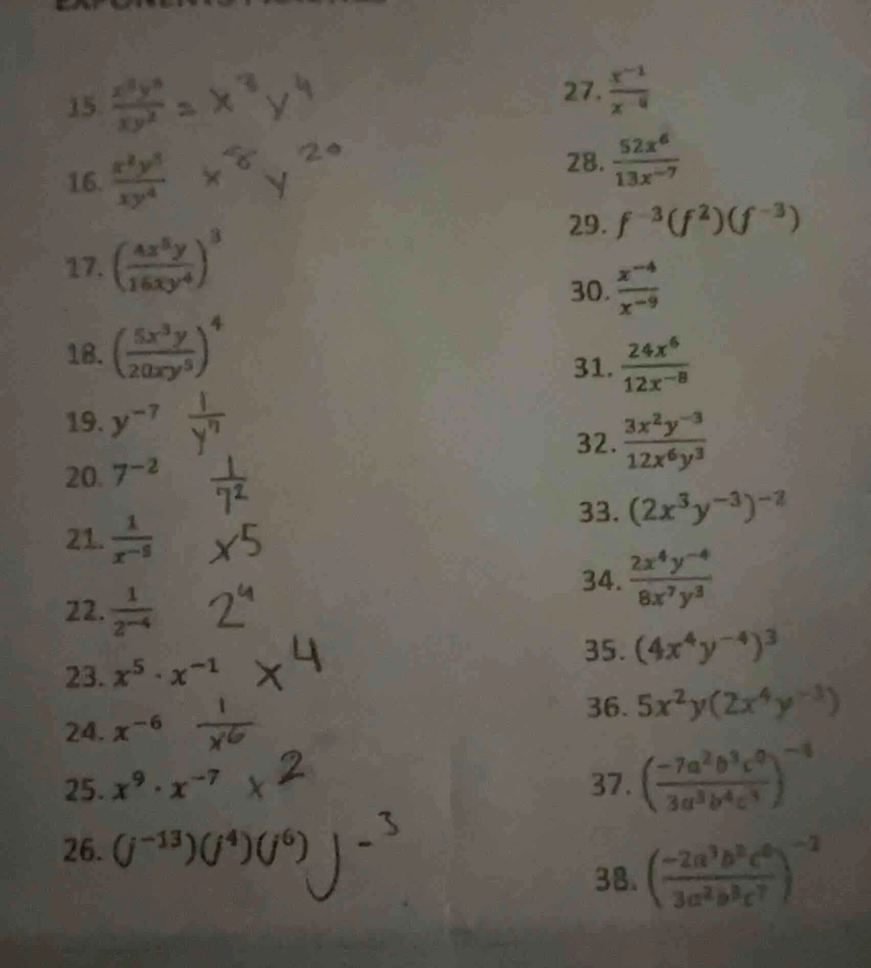 15. \\(\\frac{x^4y^6}{xy^2}\\) \\(= x^3y^4\\) 16. \\(\\frac{x^2y^5}{xy^…