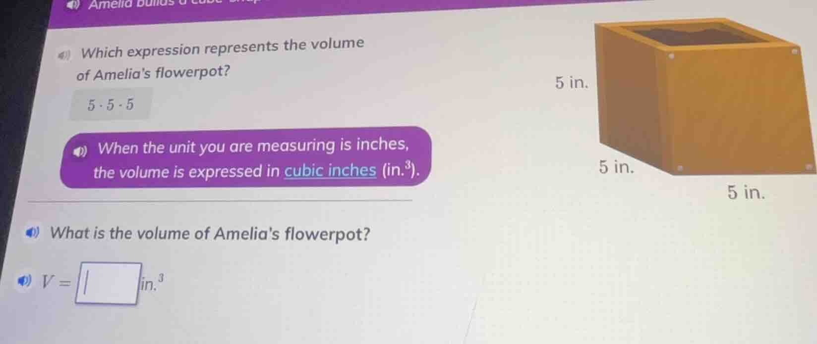 amelia builds a cube which expression represents the volume of amelias …