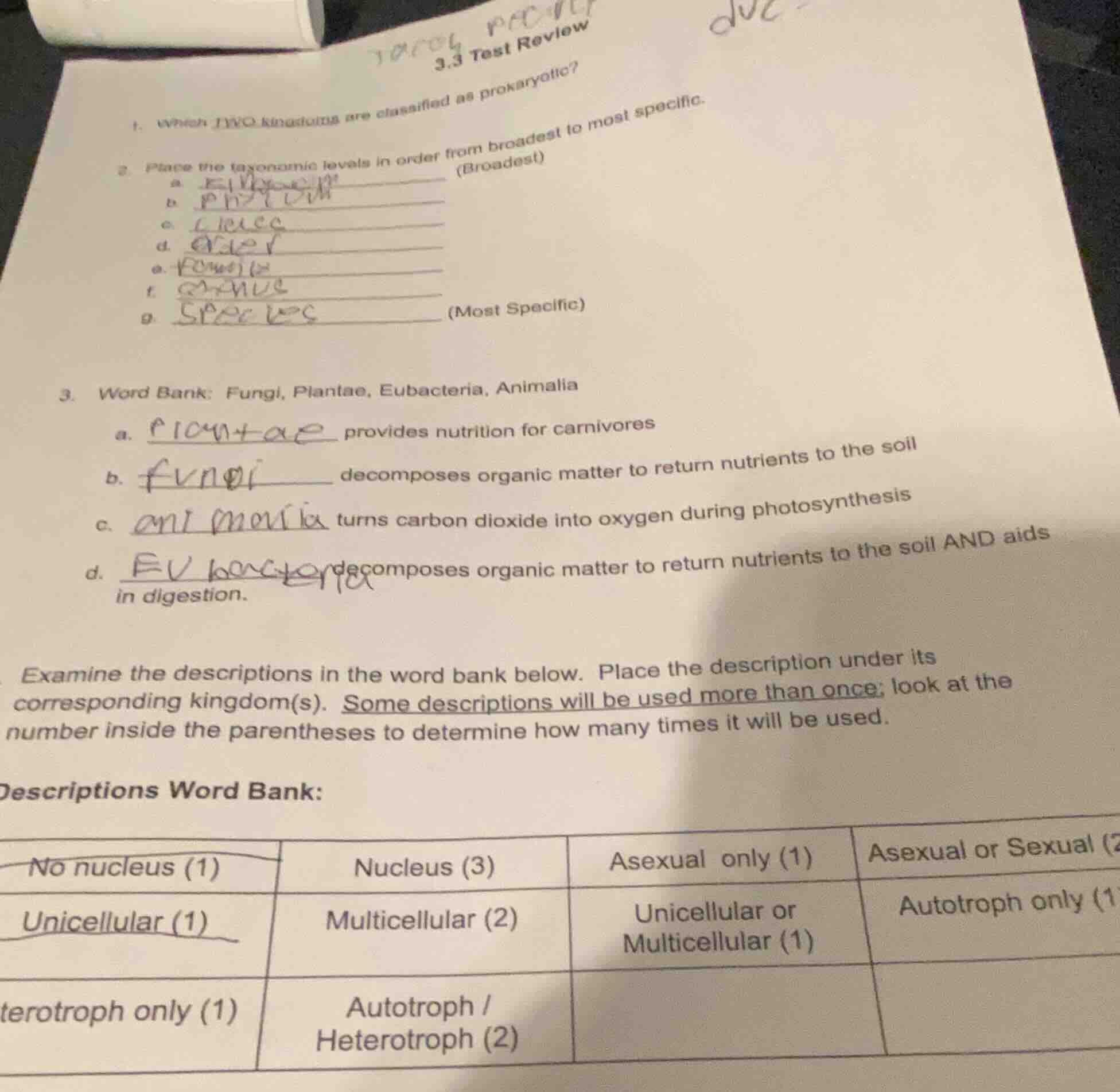 3.3 test review 1. which two kingdoms are classified as prokaryotic? 2.…