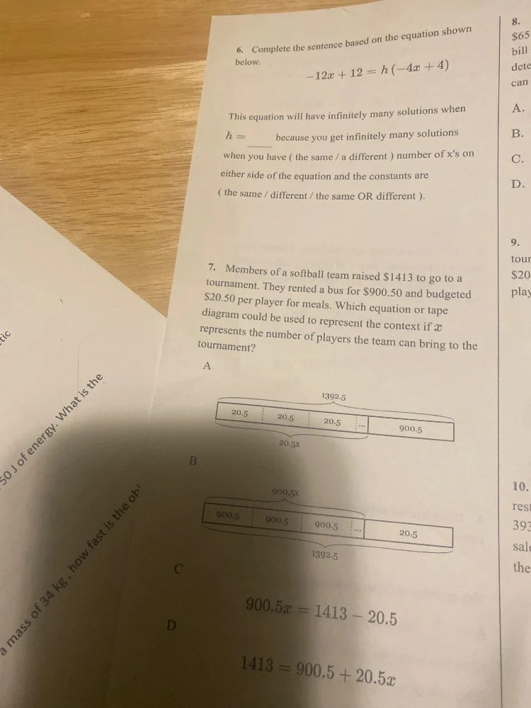 6. complete the sentence based on the equation shown below. $-12x + 12 …