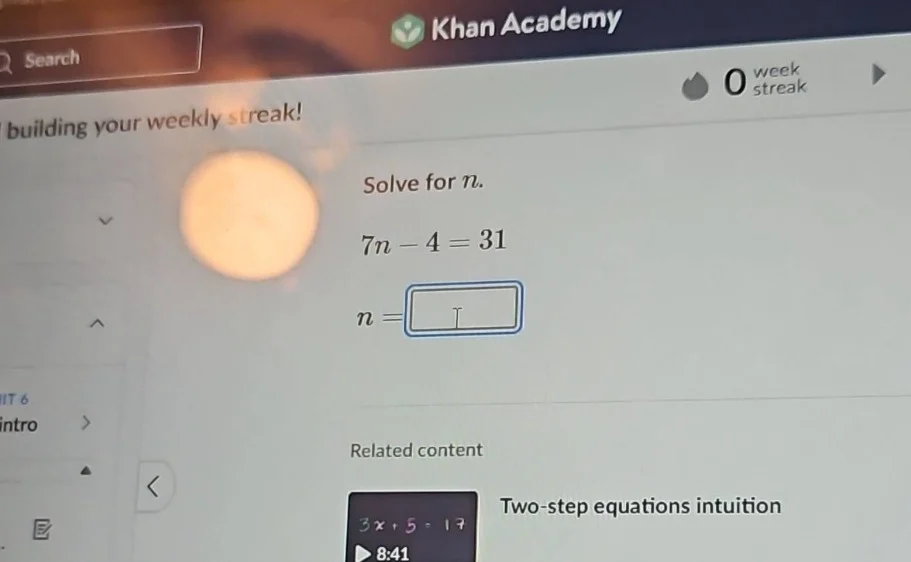 solve for n. 7n - 4 = 31 n =