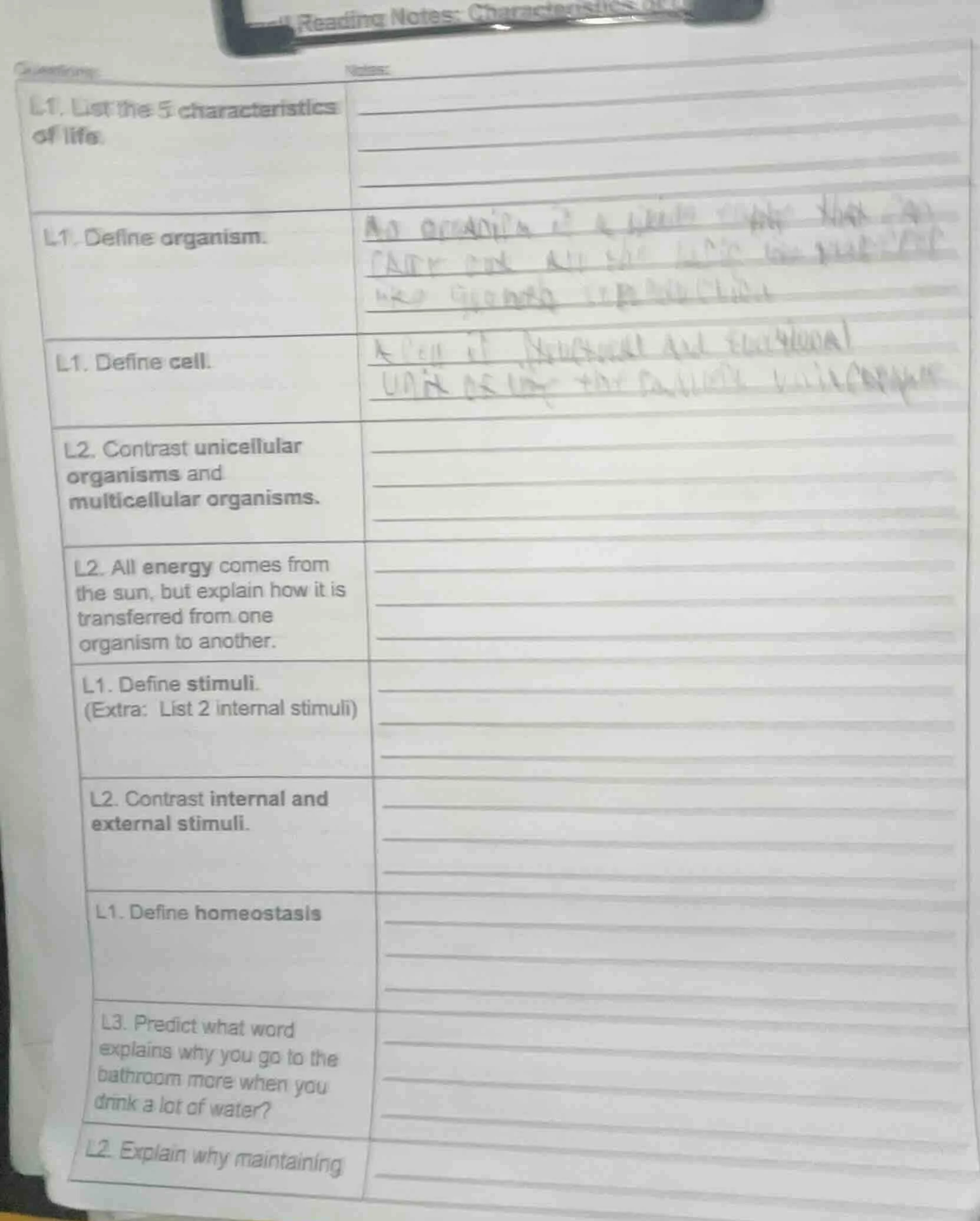 questions: l1. list the 5 characteristics of life. notes: l1. define or…