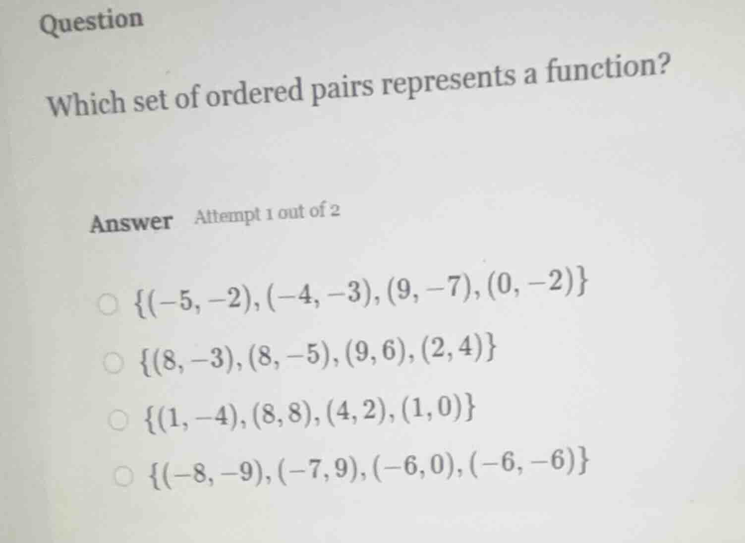question which set of ordered pairs represents a function? answer attem…