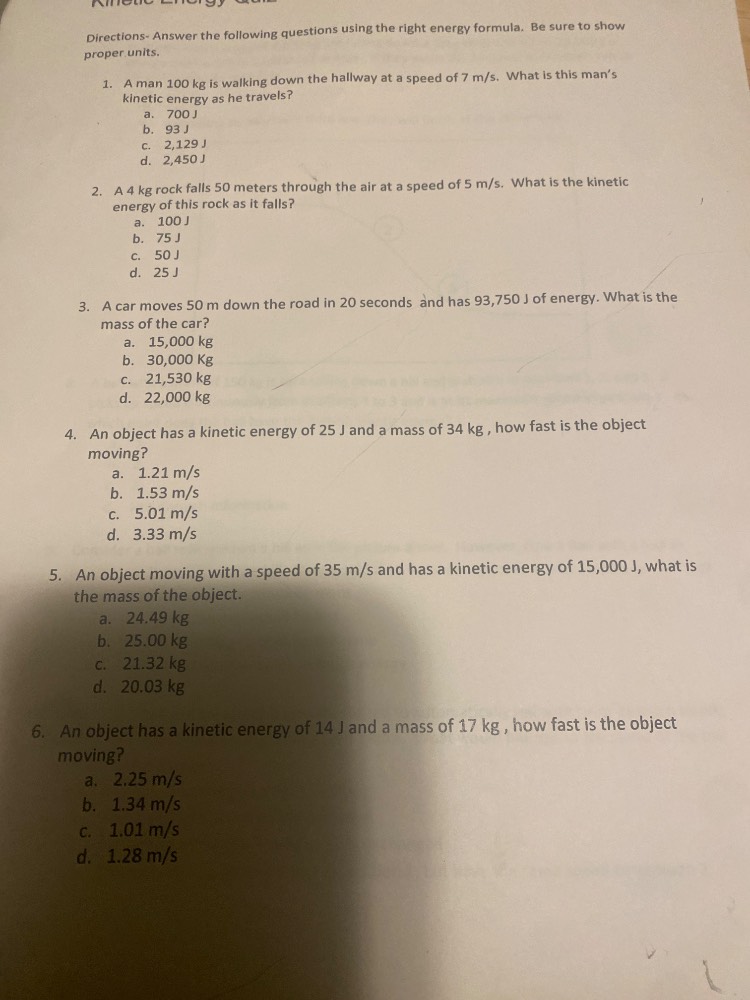 kinetic energy quiz directions- answer the following questions using th…