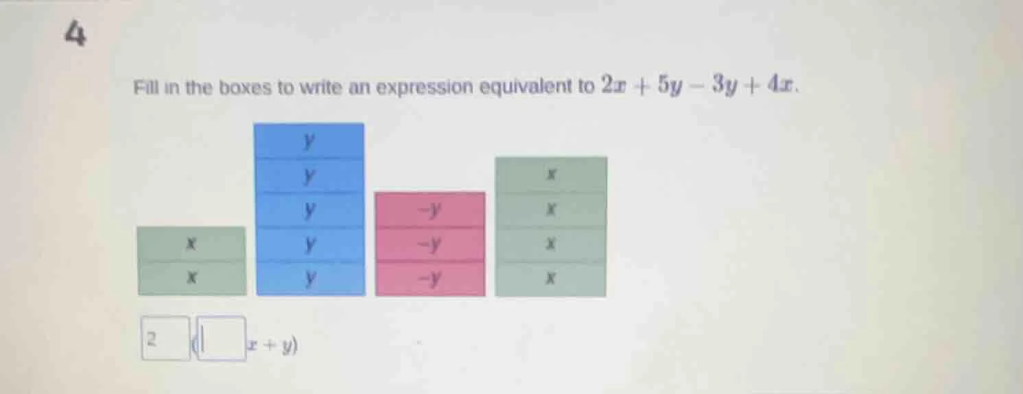fill in the boxes to write an expression equivalent to $2x + 5y - 3y + …