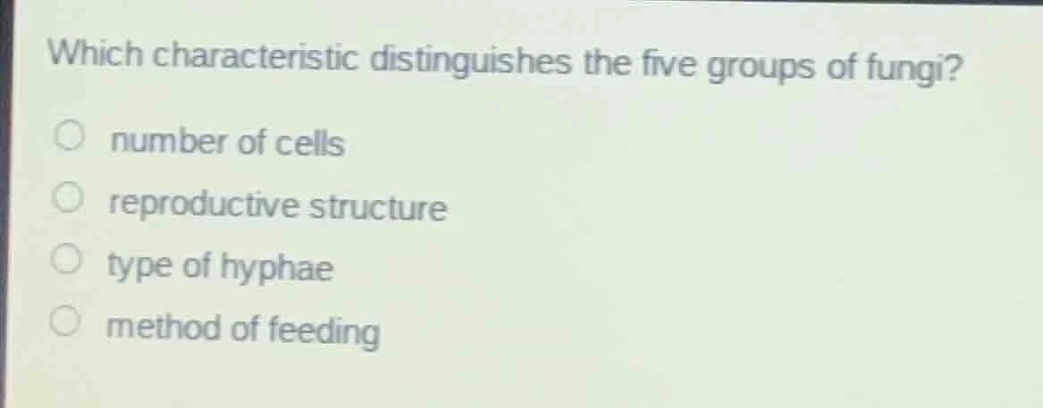 which characteristic distinguishes the five groups of fungi? number of …