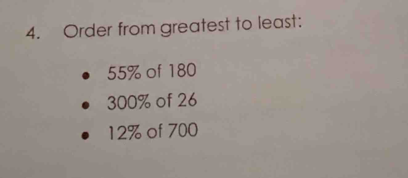 4. order from greatest to least: - 55% of 180 - 300% of 26 - 12% of 700
