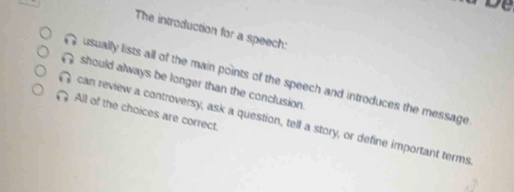 the introduction for a speech: usually lists all of the main points of …