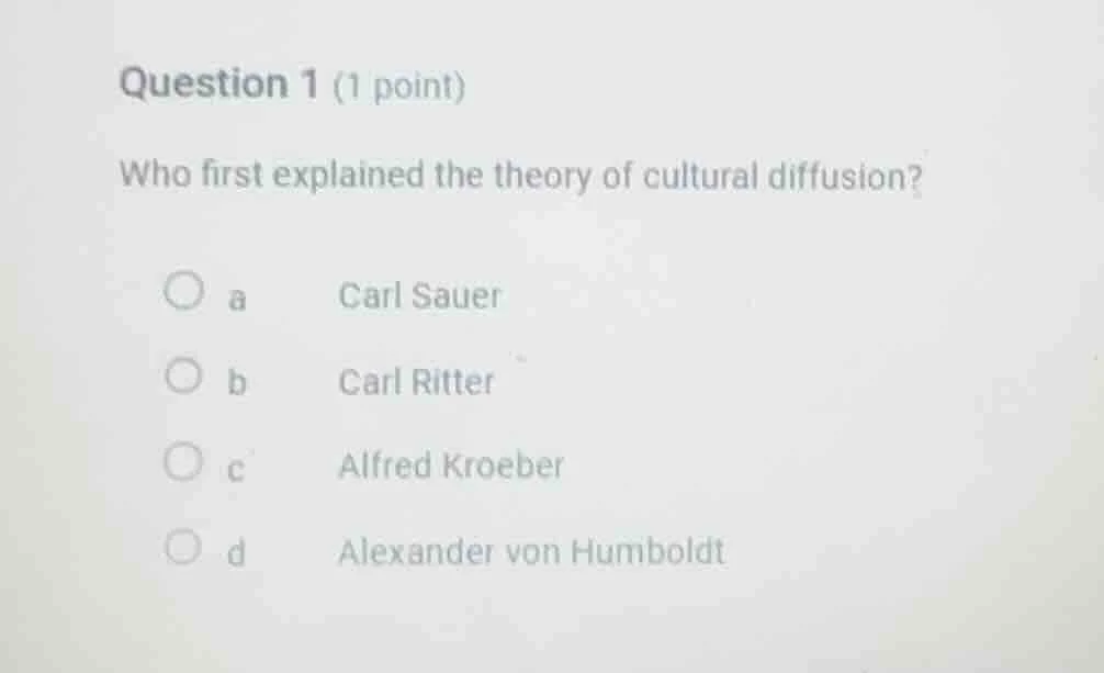 question 1 (1 point) who first explained the theory of cultural diffusi…