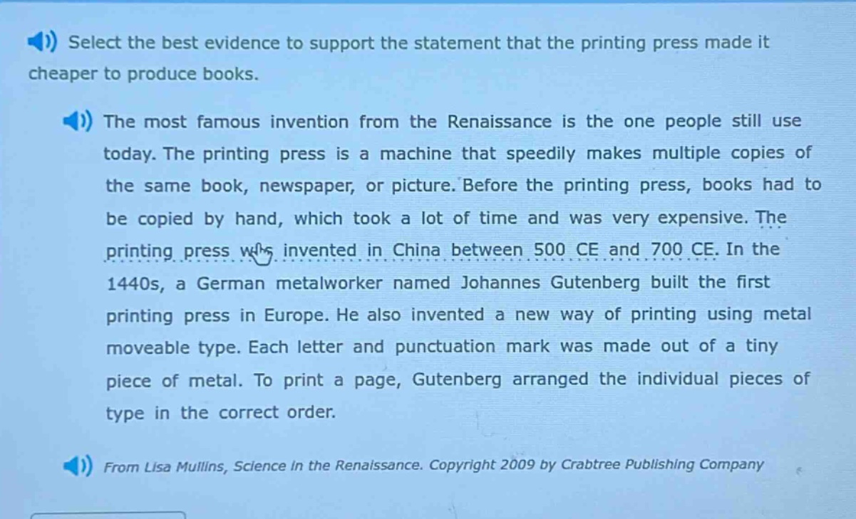 select the best evidence to support the statement that the printing pre…