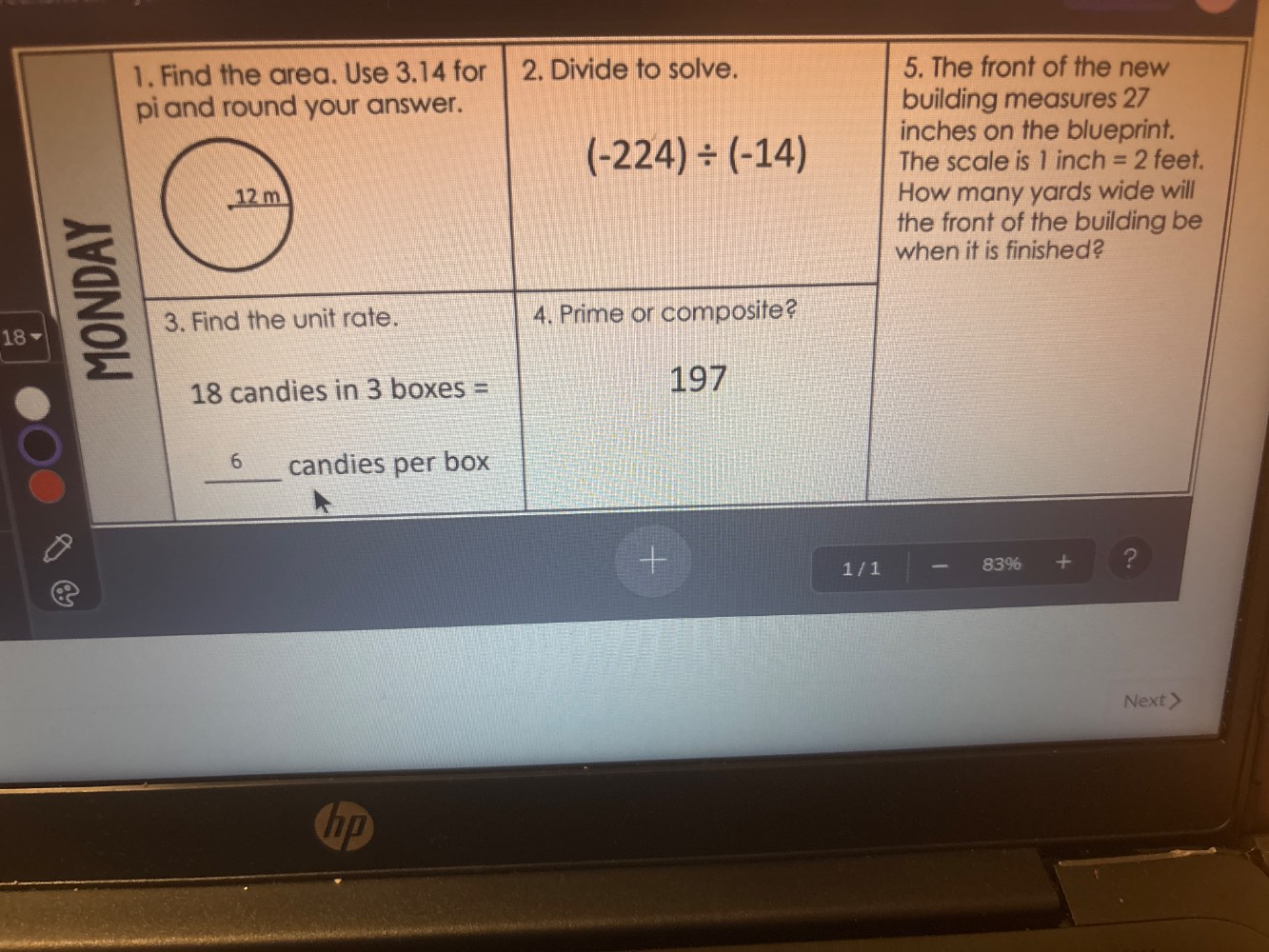 1. find the area. use 3.14 for pi and round your answer. 2. divide to s…