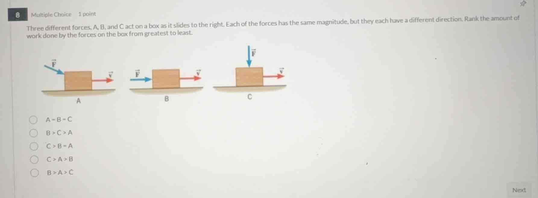 8 multiple choice 1 point three different forces, a, b, and c act on a …