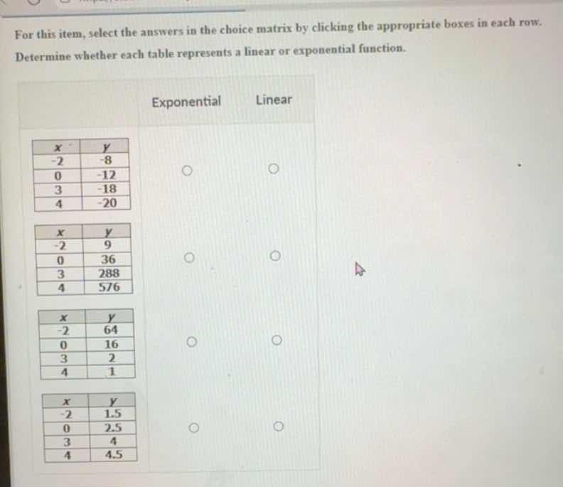 for this item, select the answers in the choice matrix by clicking the …