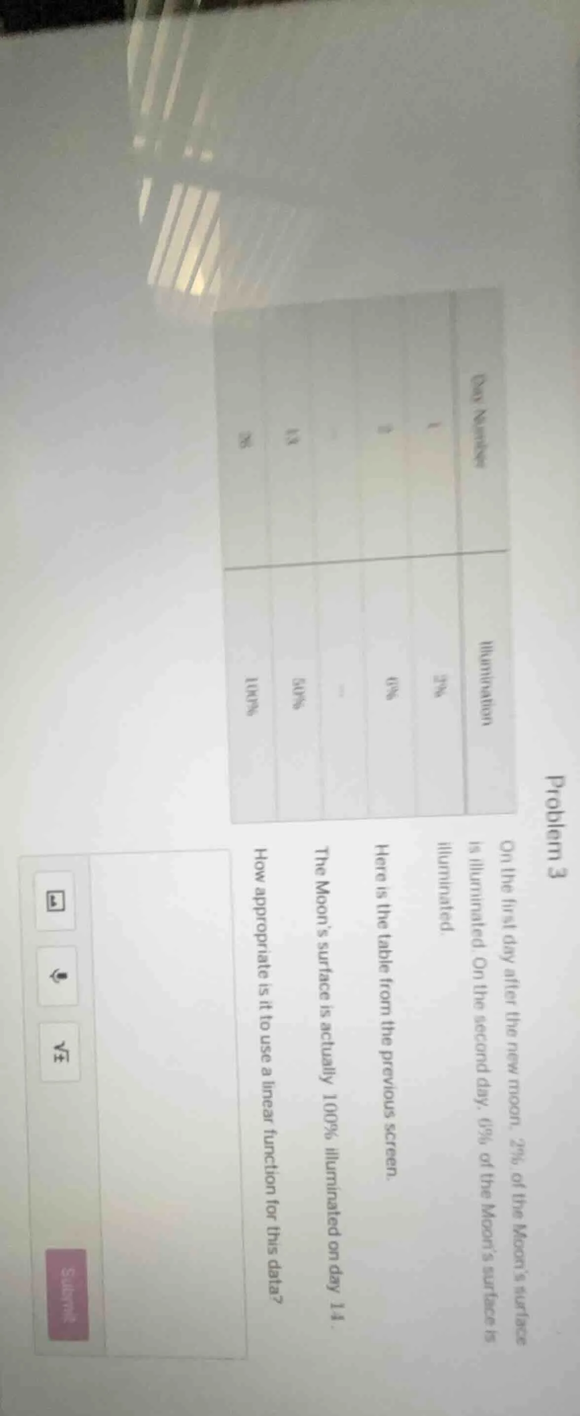 problem 3 on the first day after the new moon, 2% of the moon’s surface…