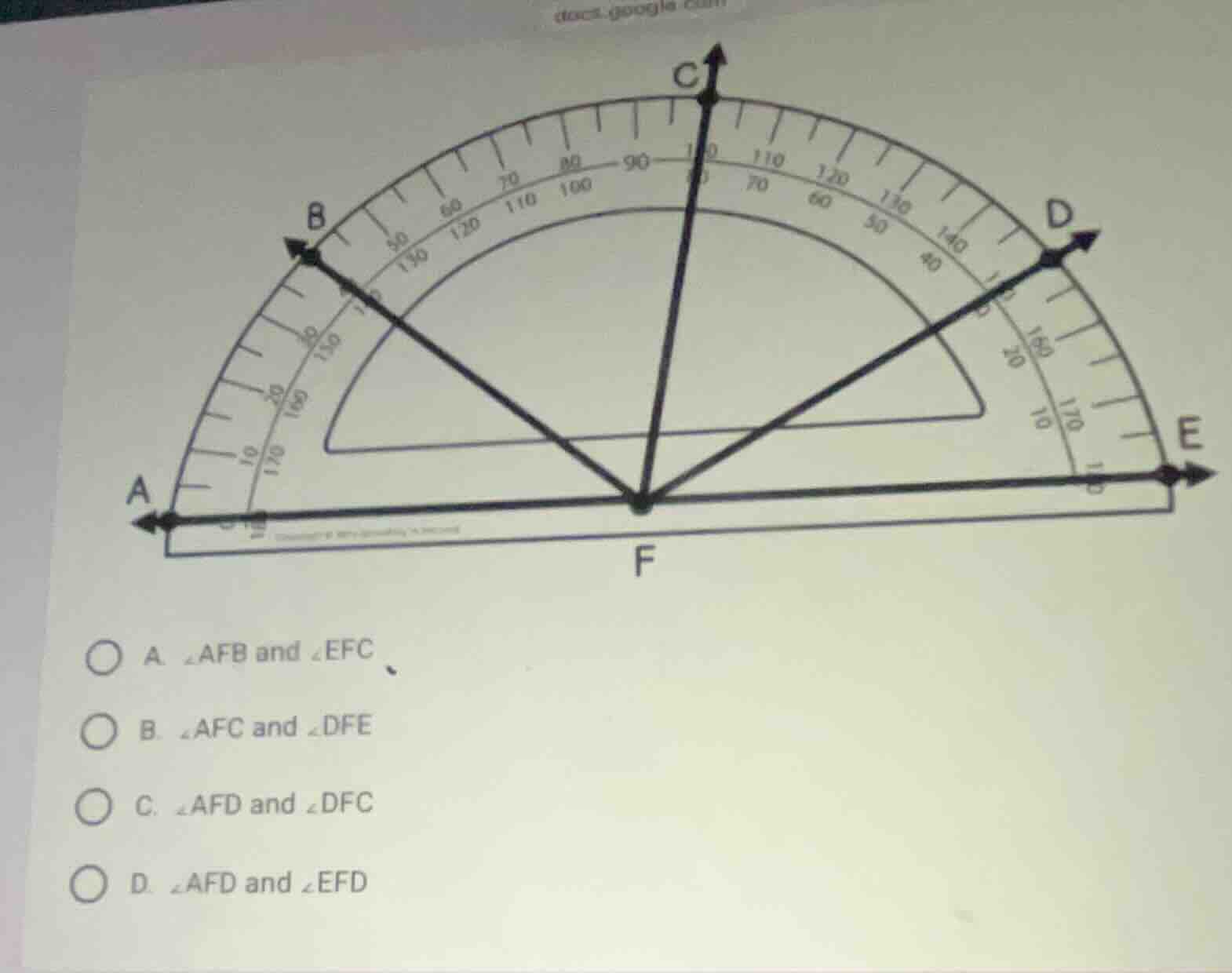 a. ∠afb and ∠efc b. ∠afc and ∠dfe c. ∠afd and ∠dfc d. ∠afd and ∠efd