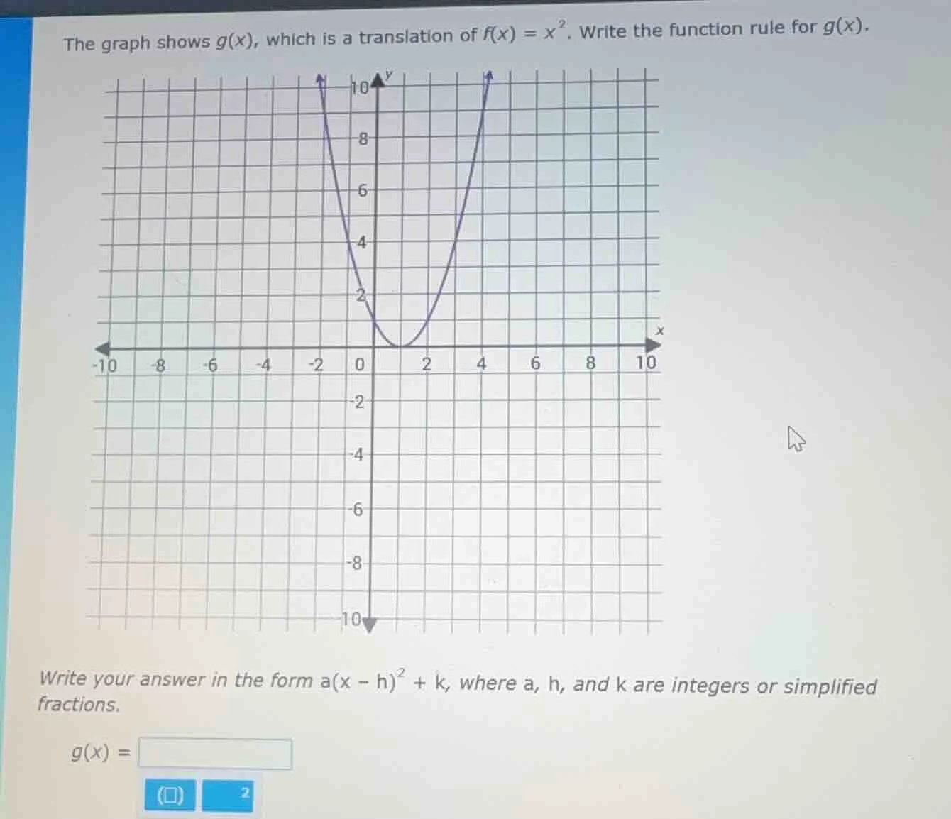 the graph shows g(x), which is a translation of f(x) = x². write the fu…