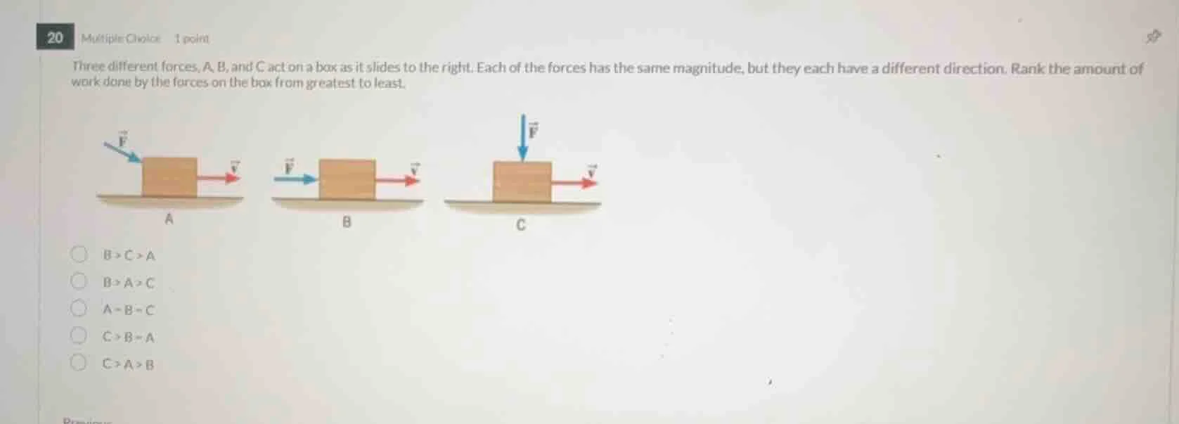 20 multiple choice 1 point three different forces, a, b, and c act on a…