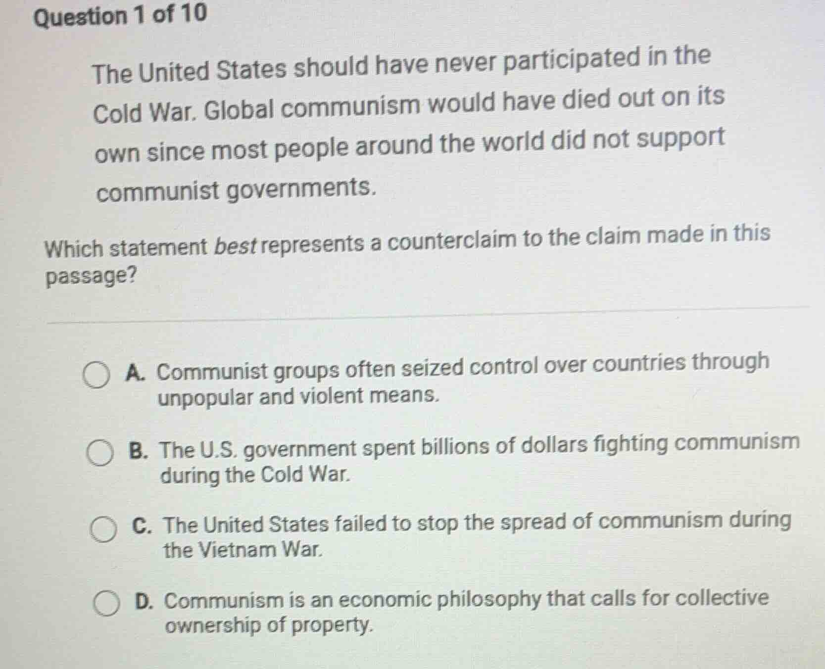 question 1 of 10 the united states should have never participated in th…