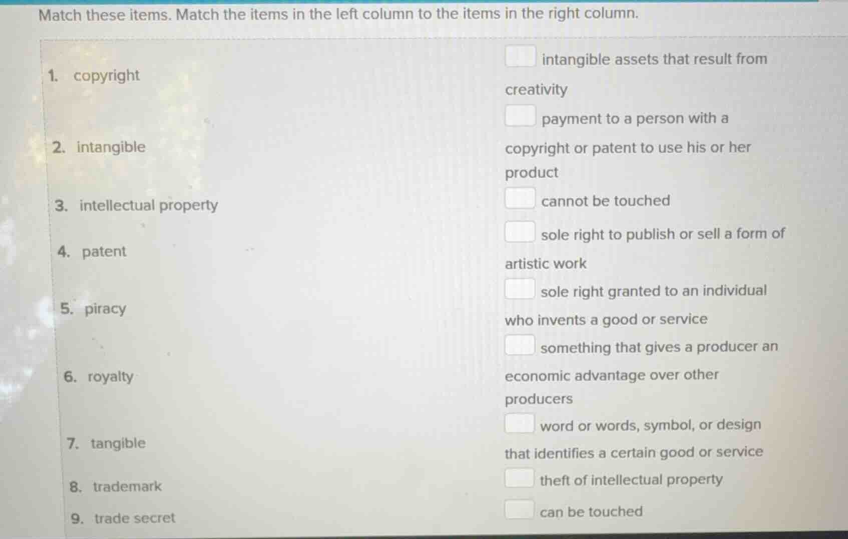 match these items. match the items in the left column to the items in t…
