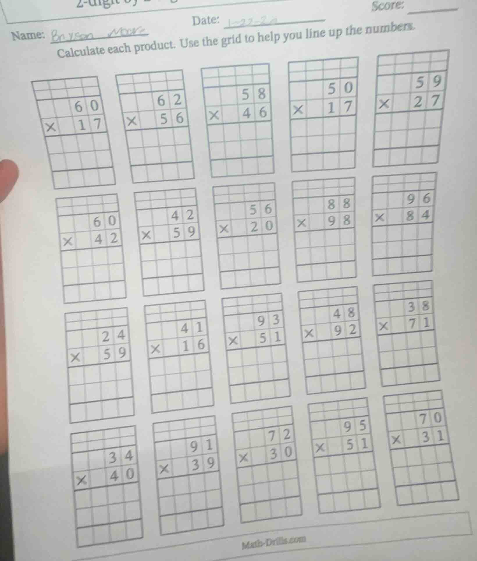 name: date: score: calculate each product. use the grid to help you lin…