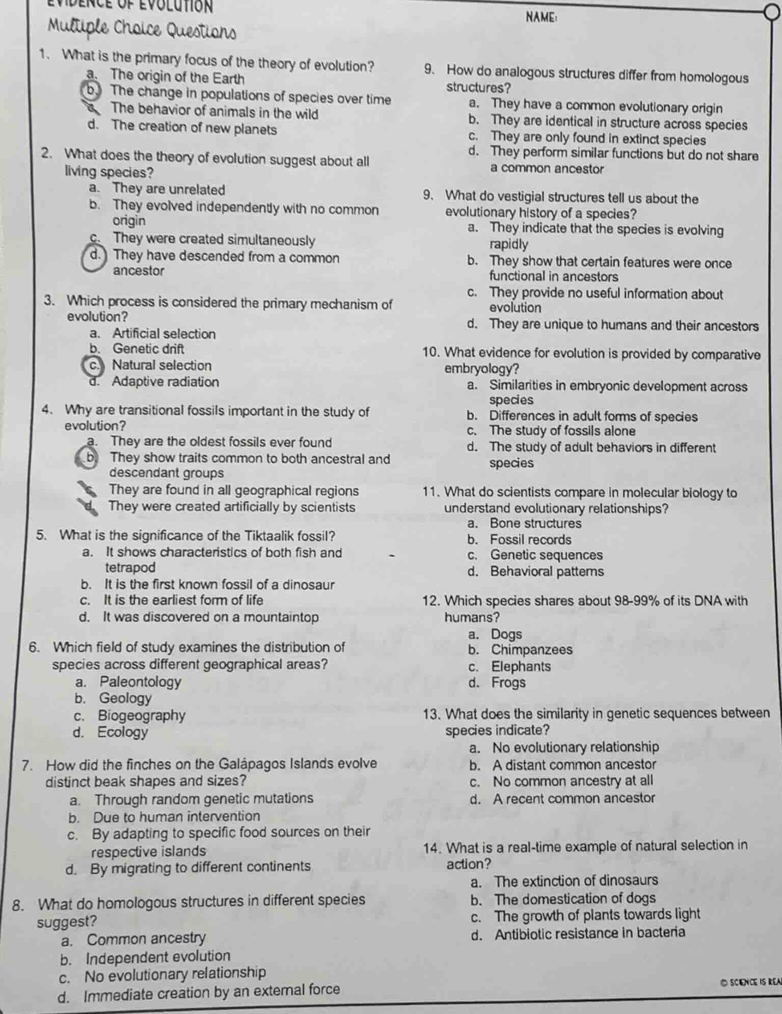 evidence of evolution multiple choice questions 1. what is the primary …