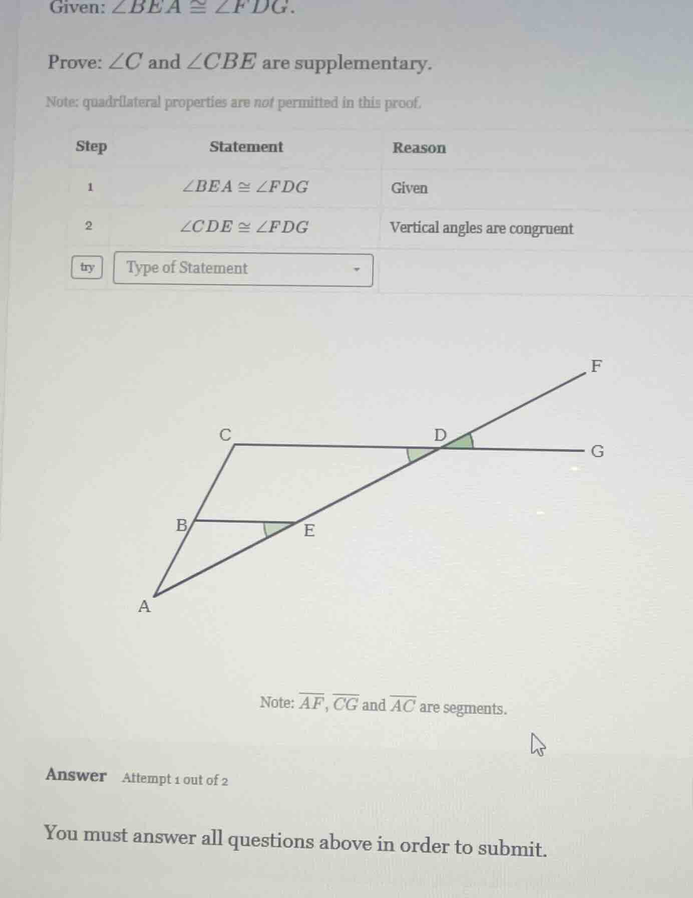 given: $\\angle bea \\cong \\angle fdg$. prove: $\\angle c$ and $\\angl…
