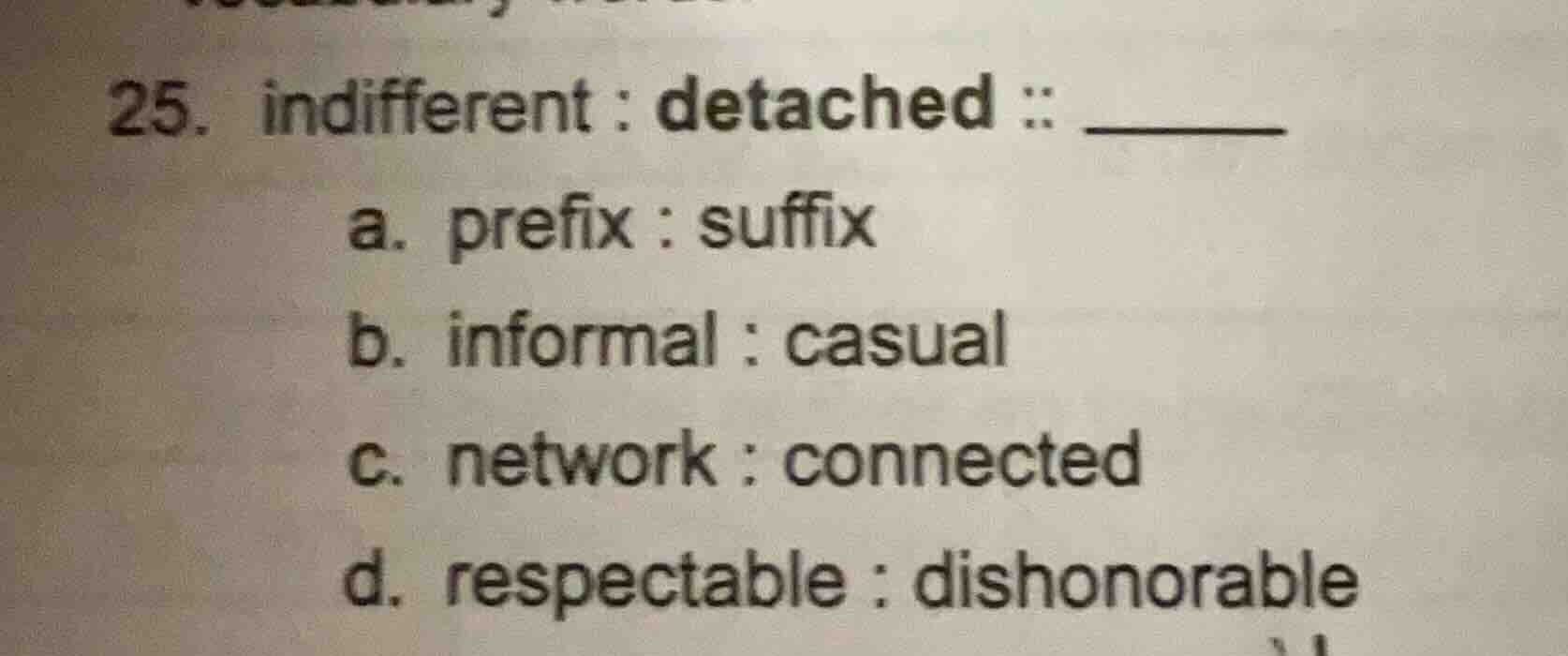 25. indifferent : detached :: ______ a. prefix : suffix b. informal : c…