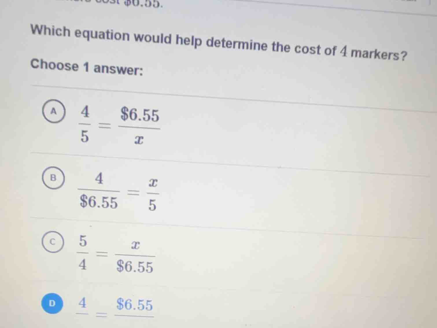 which equation would help determine the cost of 4 markers? choose 1 ans…