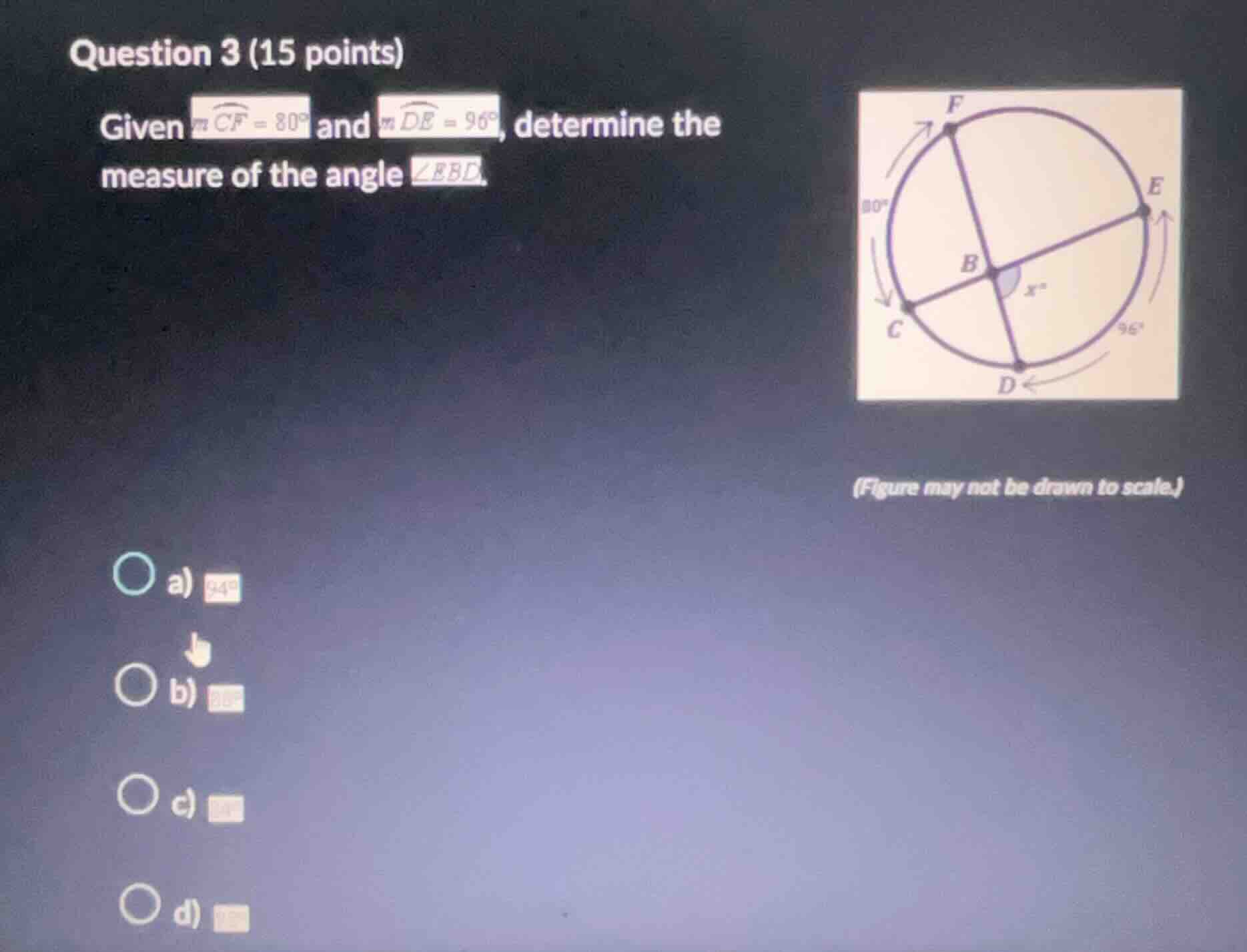 question 3 (15 points) given ( moverarc{cf} = 80^circ ) and ( moverarc{…