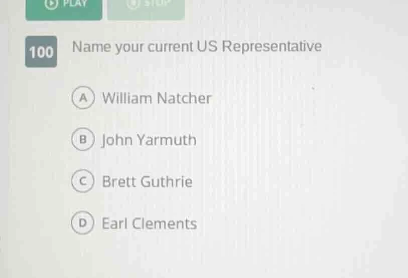 100 name your current us representative a william natcher b john yarmut…