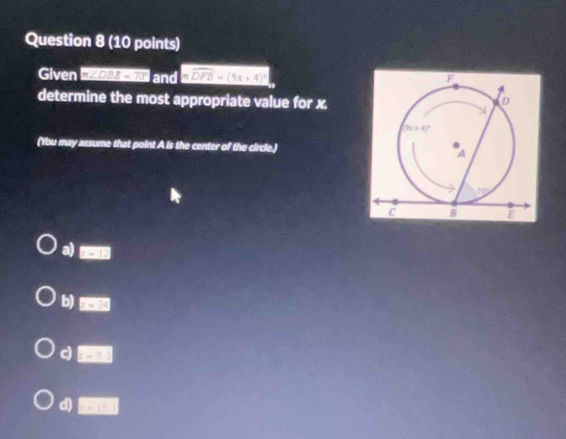question 8 (10 points) given ( mangle dbe = 70^circ ) and ( moverarc{df…