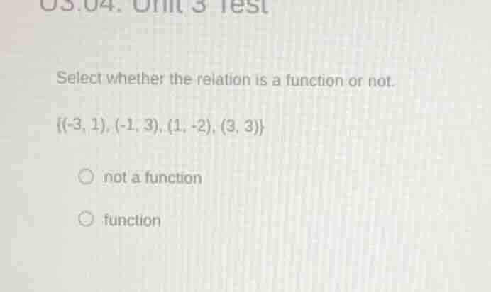 select whether the relation is a function or not. {(-3, 1), (-1, 3), (1…
