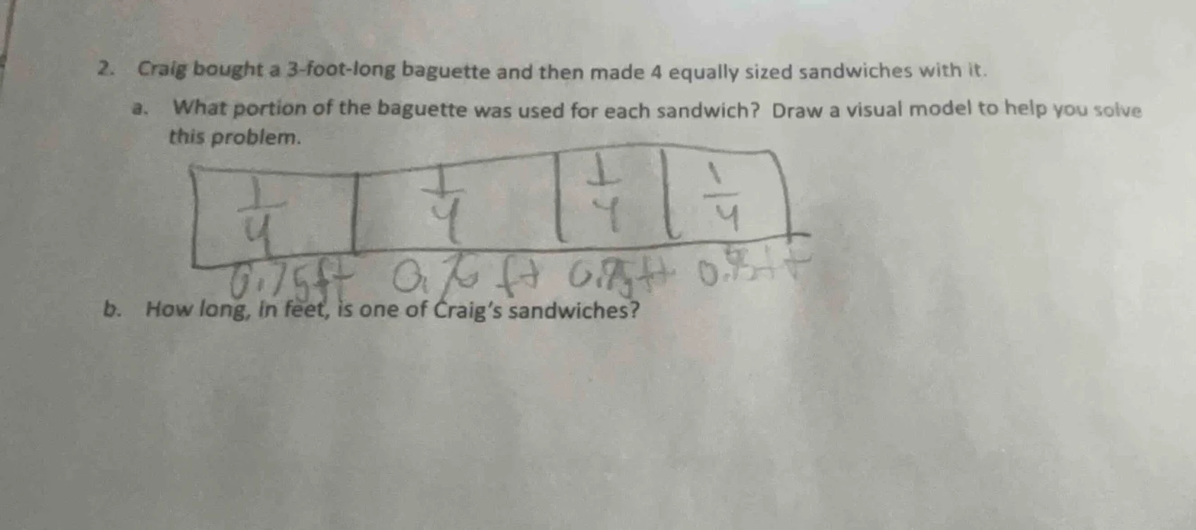 2. craig bought a 3-foot-long baguette and then made 4 equally sized sa…
