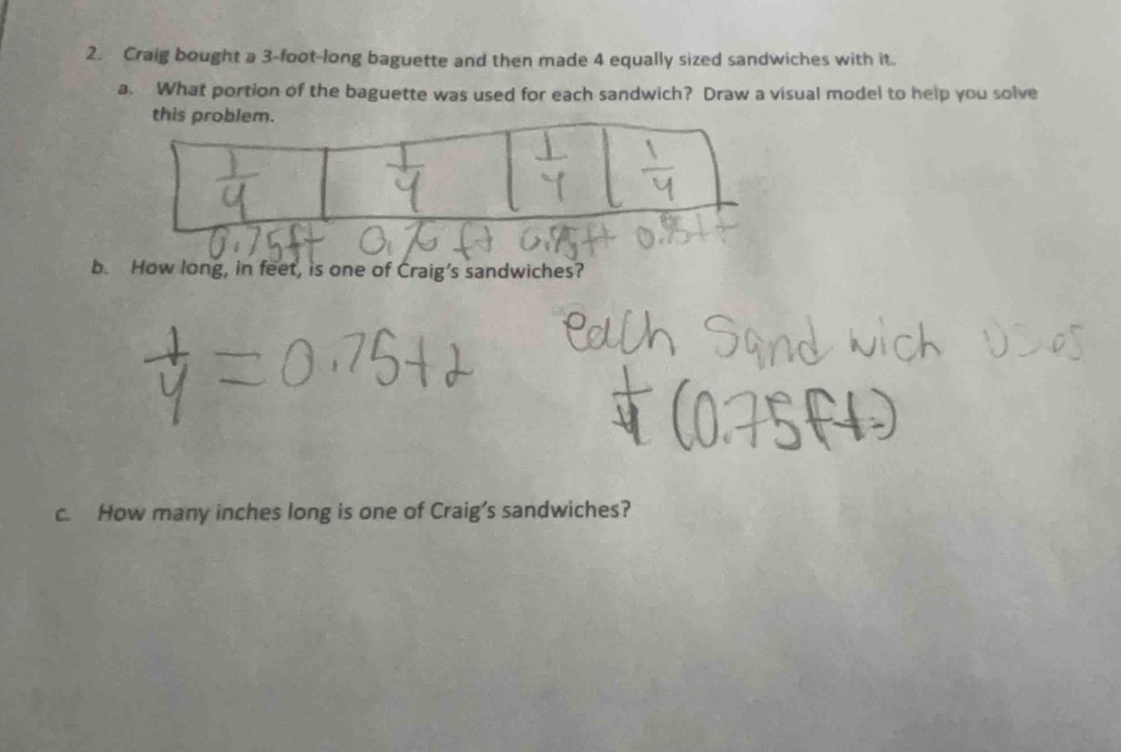 2. craig bought a 3-foot-long baguette and then made 4 equally sized sa…