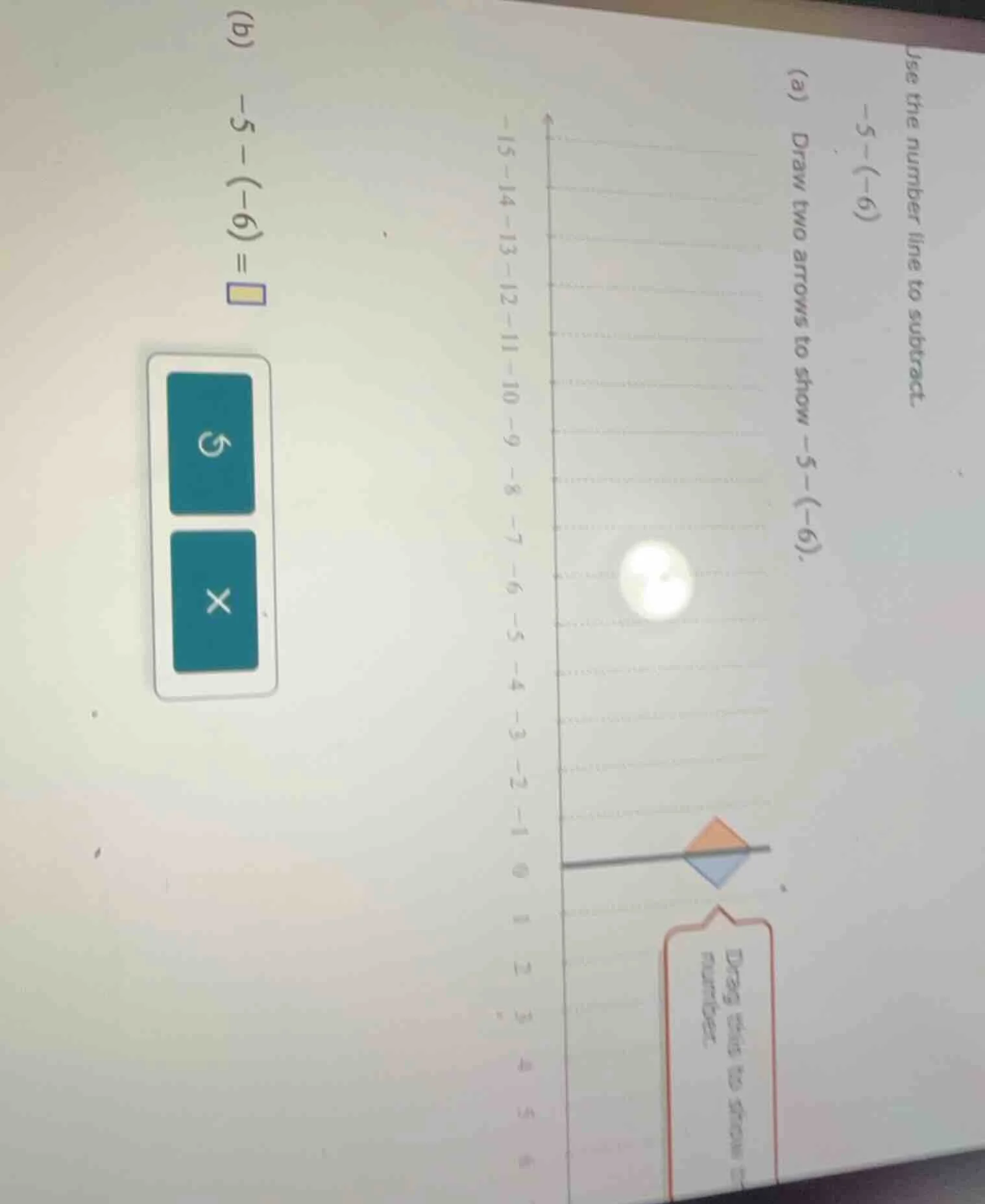 use the number line to subtract. -5-(-6) (a) draw two arrows to show -5…