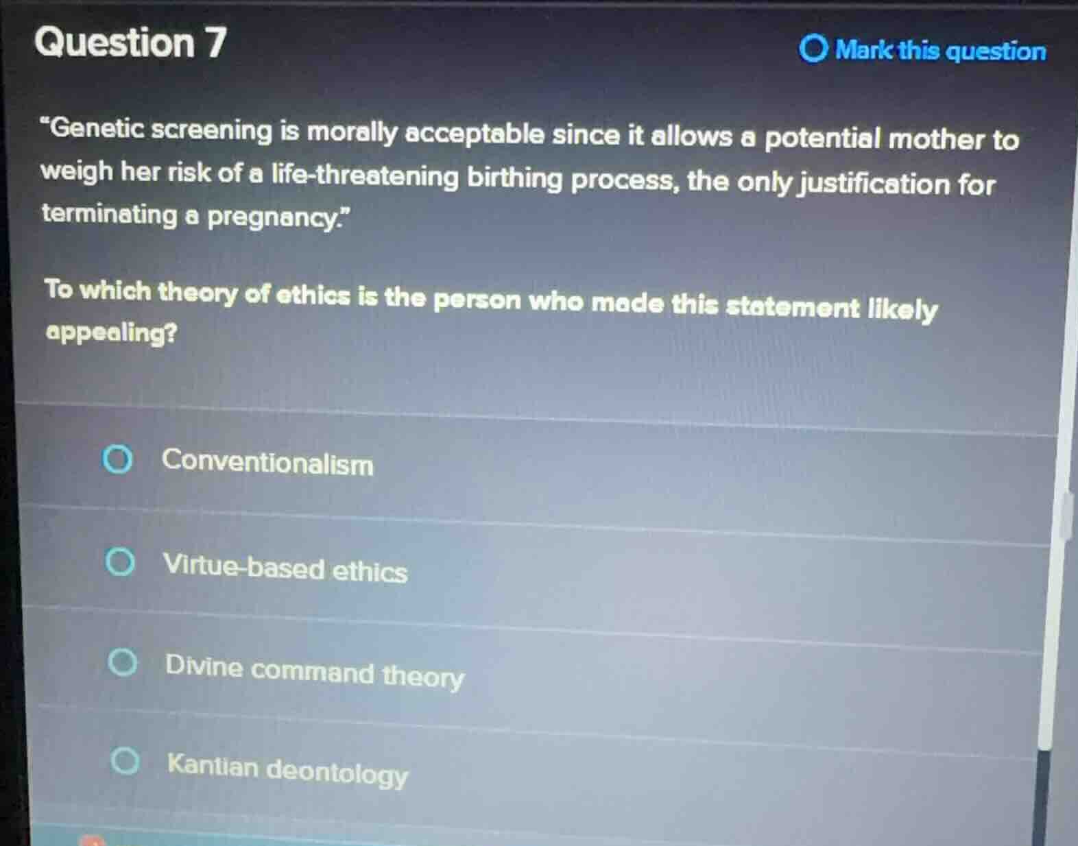question 7 \genetic screening is morally acceptable since it allows a p…