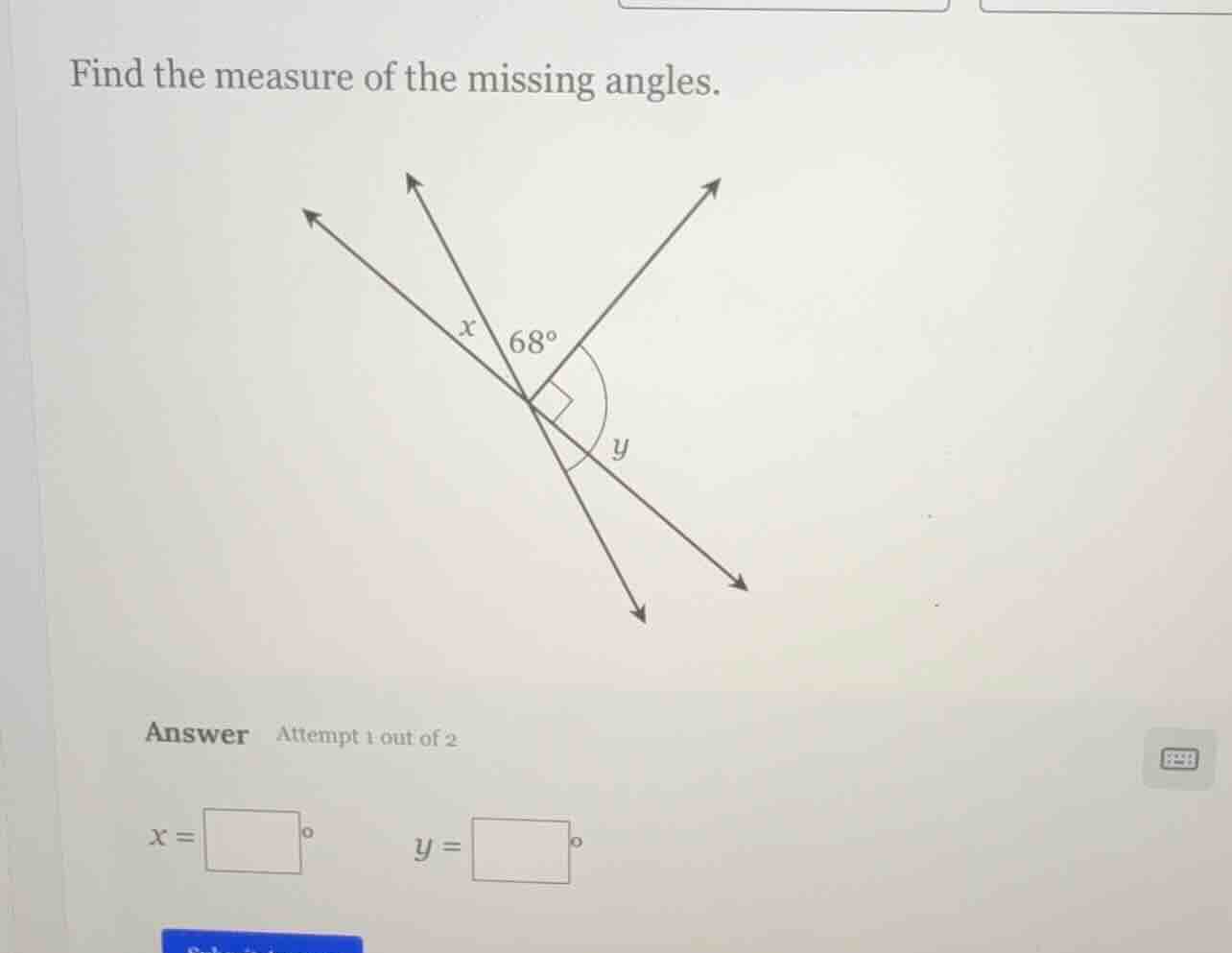 find the measure of the missing angles. answer attempt 1 out of 2 x = \…
