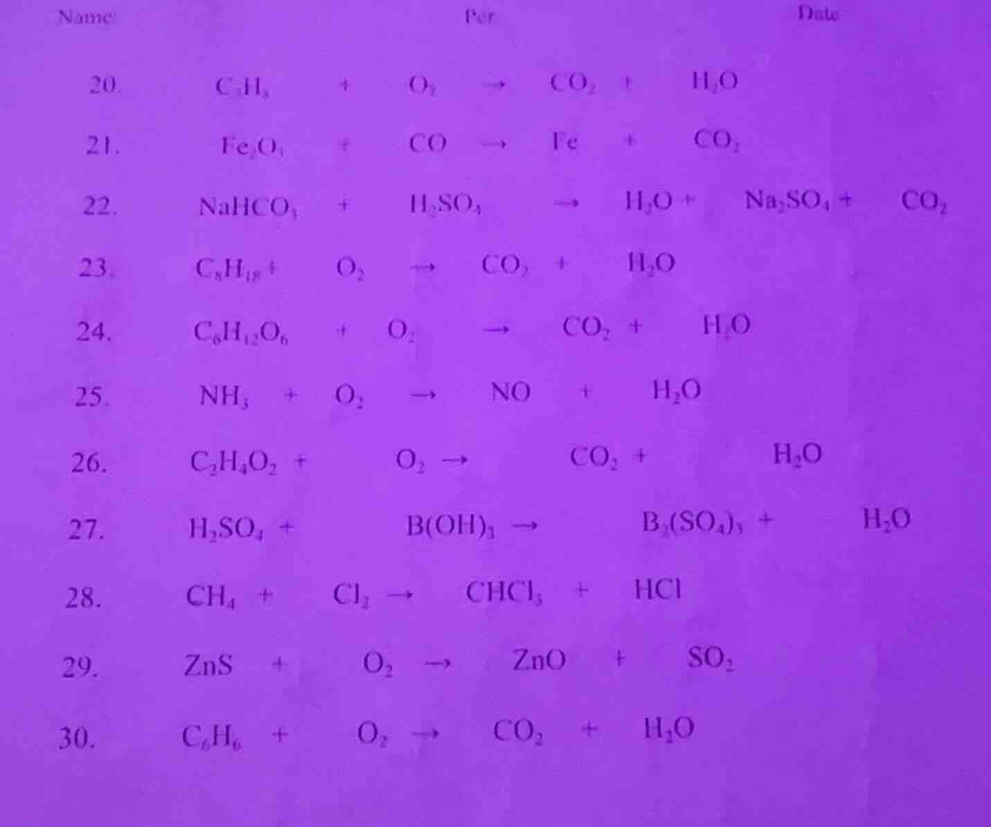 name per date 20. $\\ce{c3h8 + o2 -> co2 + h2o}$ 21. $\\ce{fe2o3 + co -…