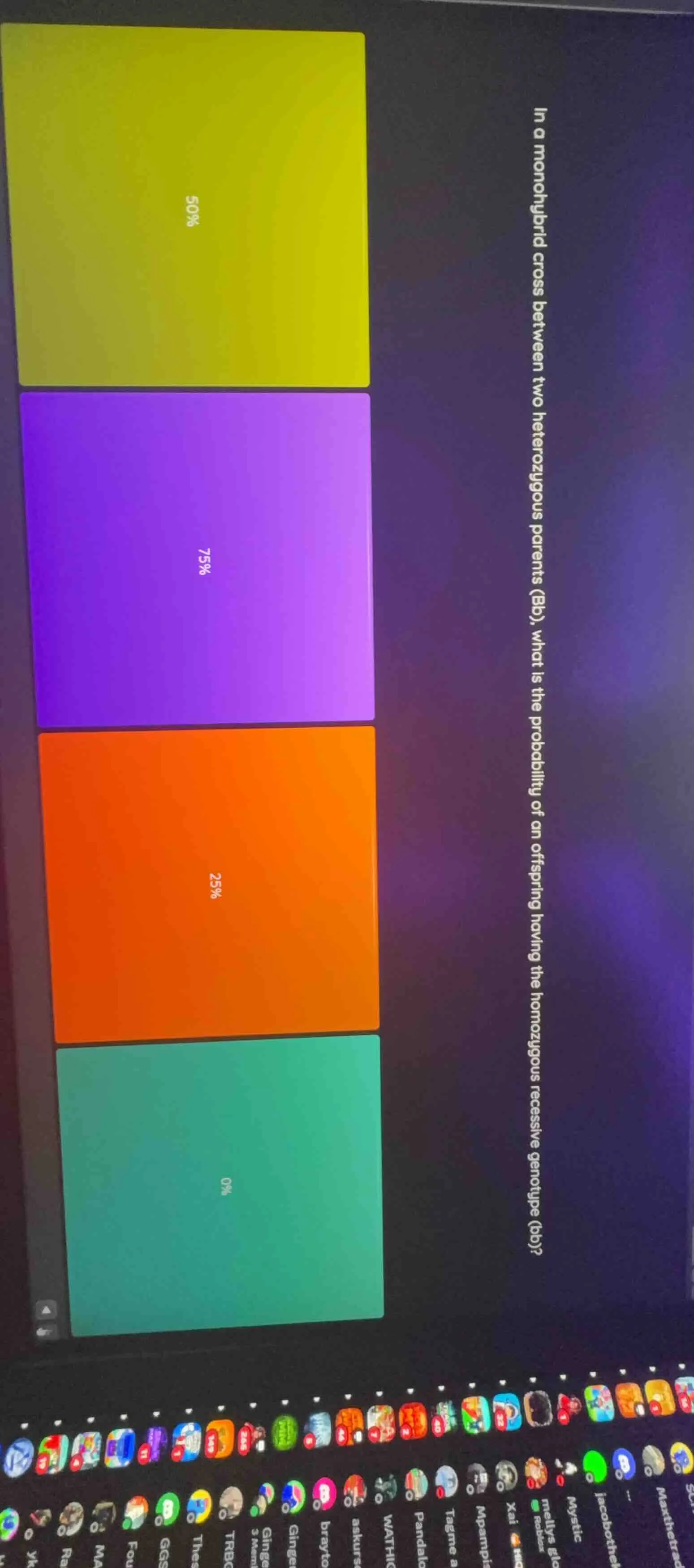 in a monohybrid cross between two heterozygous parents (bb), what is th…