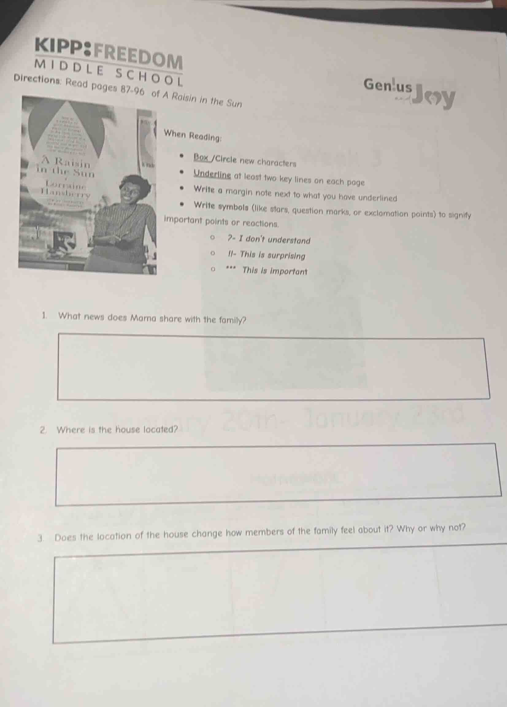 kipp:freedom middle school gen!us joy directions: read pages 87-96 of a…