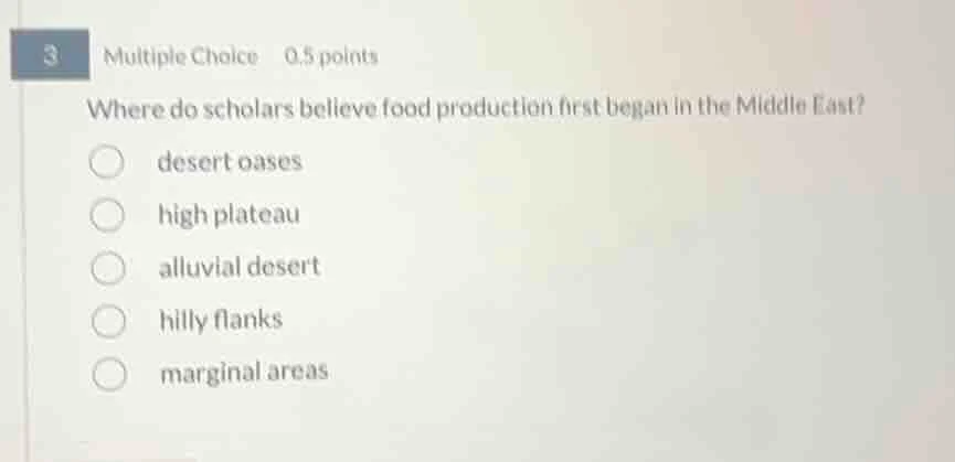 3 multiple choice 0.5 points where do scholars believe food production …