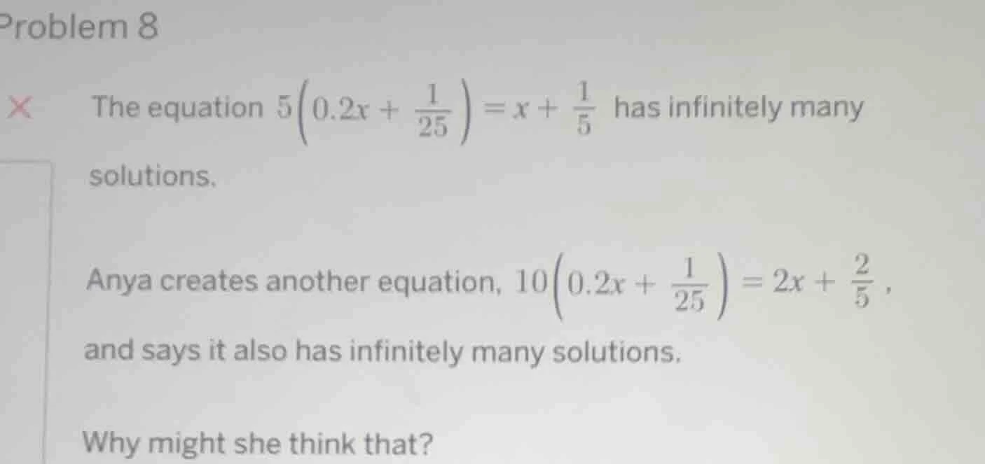 problem 8 the equation $5\\left(0.2x + \\frac{1}{25}\ ight) = x + \\fra…