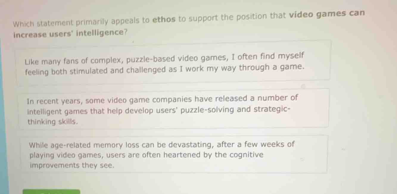 which statement primarily appeals to ethos to support the position that…