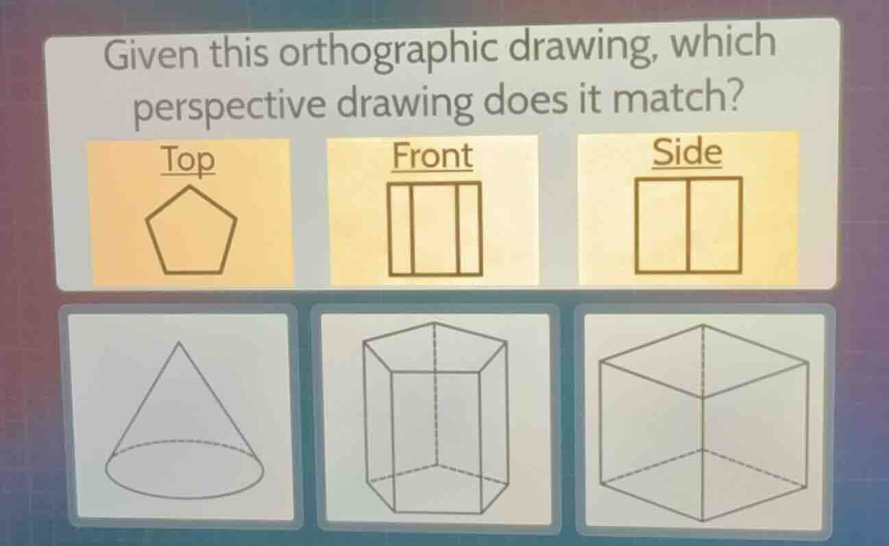 given this orthographic drawing, which perspective drawing does it matc…