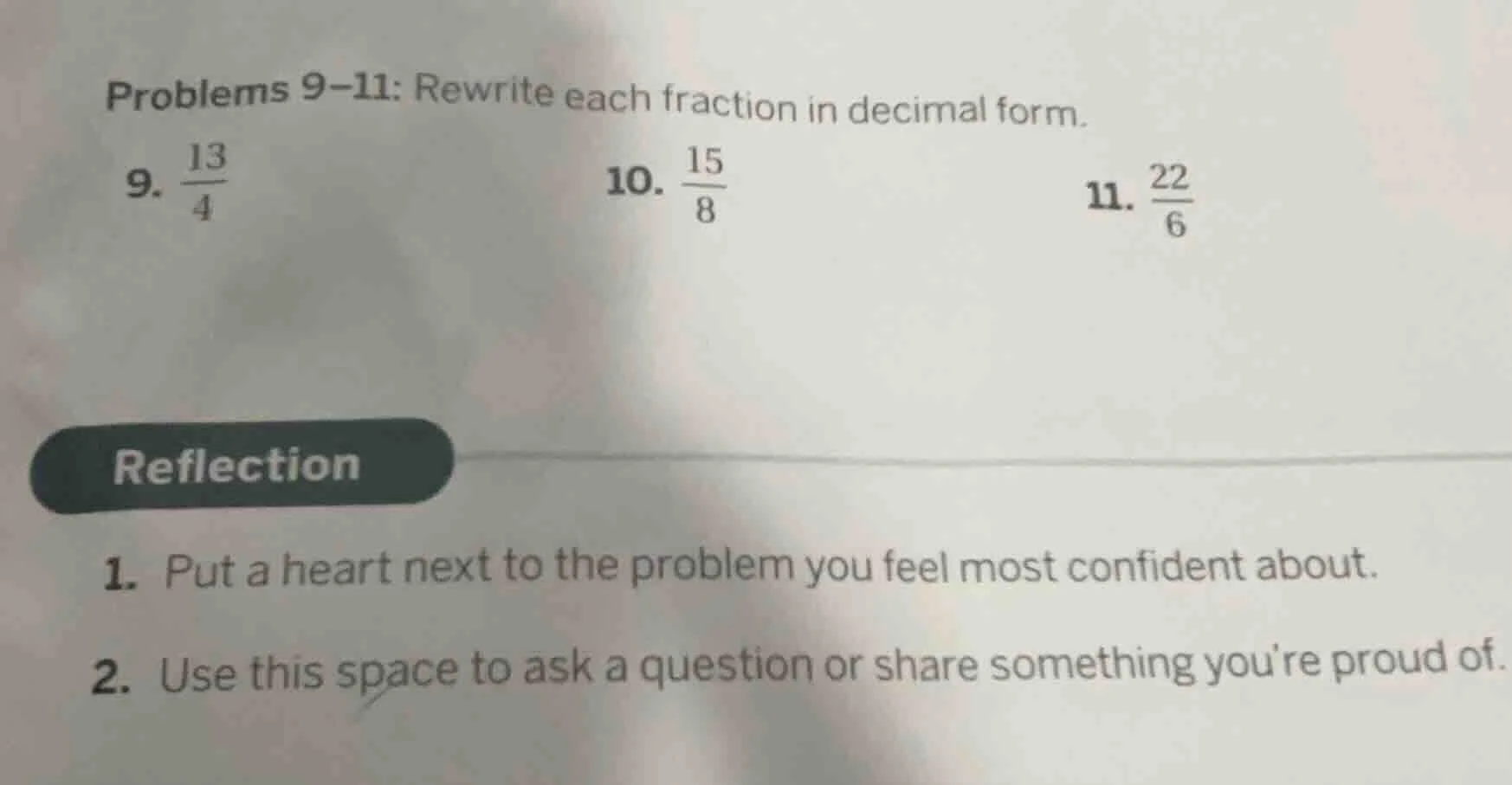 problems 9–11: rewrite each fraction in decimal form. 9. \\(\\frac{13}{…