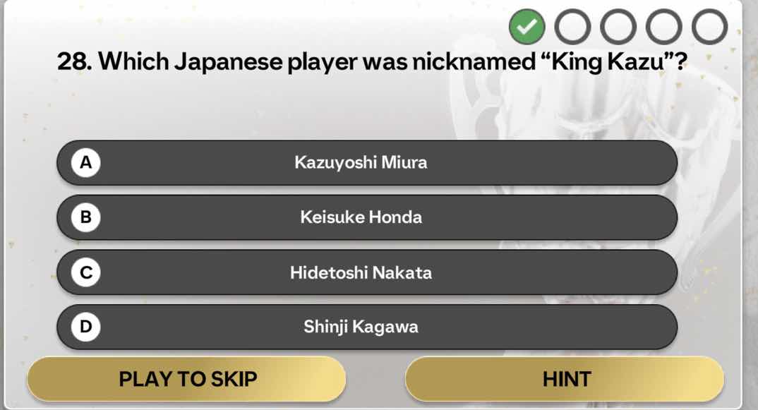28. which japanese player was nicknamed “king kazu”? a kazuyoshi miura …