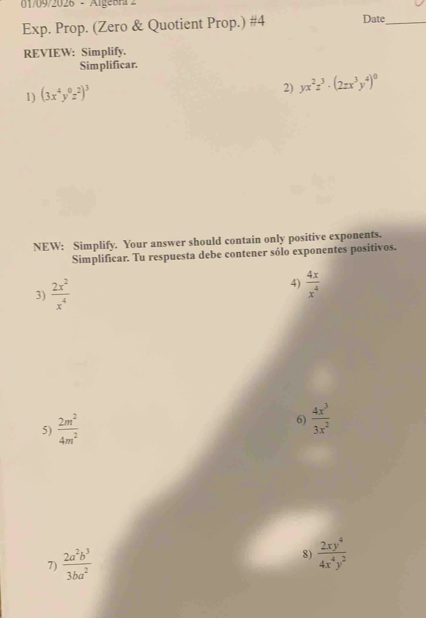 01/09/2026 - algebra 2 exp. prop. (zero & quotient prop.) #4 date revie…